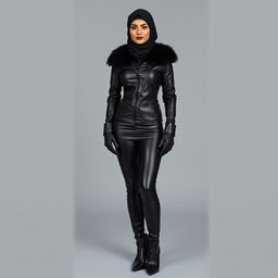 A full-length image of a woman wearing a complete leather outfit, including a shiny leather hijab and a face veil that covers her face except for her heavily kohl-rimmed eyes