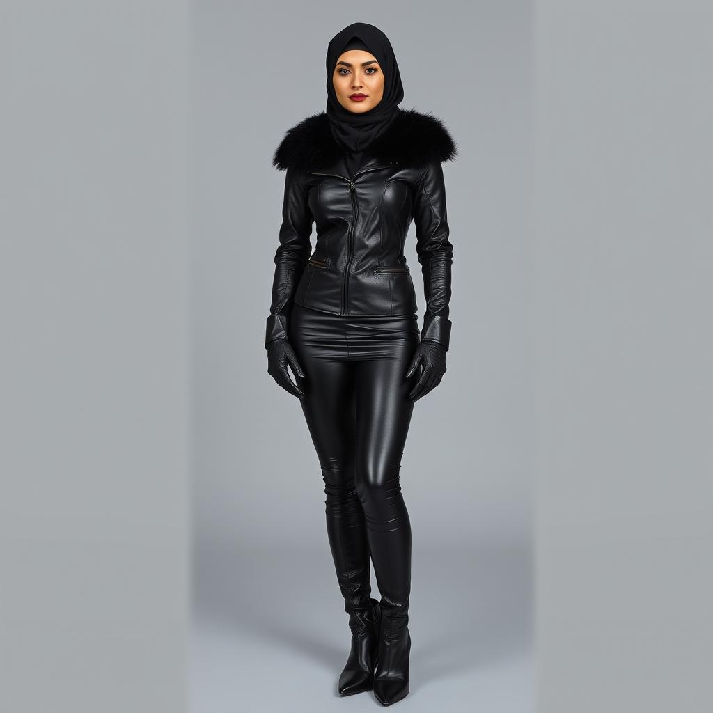 A full-length image of a woman wearing a complete leather outfit, including a shiny leather hijab and a face veil that covers her face except for her heavily kohl-rimmed eyes