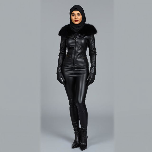 A full-length image of a woman wearing a complete leather outfit, including a shiny leather hijab and a face veil that covers her face except for her heavily kohl-rimmed eyes