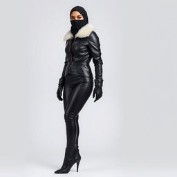 A full-length image of a woman wearing a complete leather outfit, including a shiny leather hijab and a face veil that covers her face except for her heavily kohl-rimmed eyes