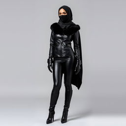 A full-length image of a woman wearing a complete leather outfit, including a shiny leather hijab and a face veil that covers her face except for her heavily kohl-rimmed eyes