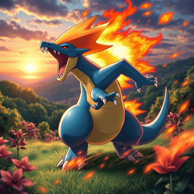 A dynamic and fierce depiction of Typhlosion, a Fire-type Pokémon, in an action pose showcasing its impressive flame abilities