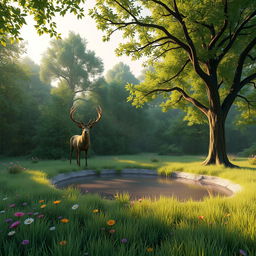 A 3D rendered scene of a serene forest at dusk, with lush green trees and a gentle mist rising from the ground