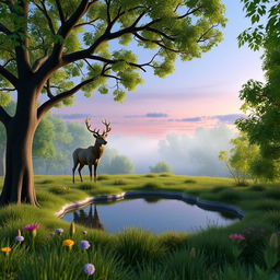 A 3D rendered scene of a serene forest at dusk, with lush green trees and a gentle mist rising from the ground