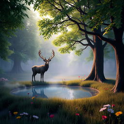 A 3D rendered scene of a serene forest at dusk, with lush green trees and a gentle mist rising from the ground