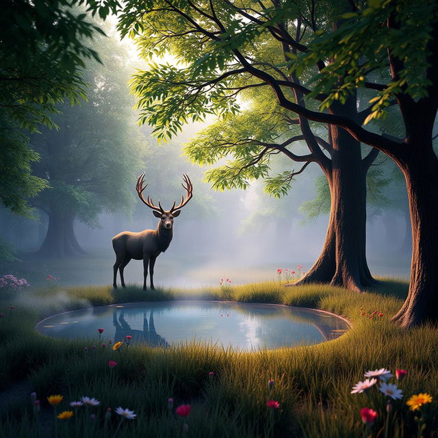 A 3D rendered scene of a serene forest at dusk, with lush green trees and a gentle mist rising from the ground