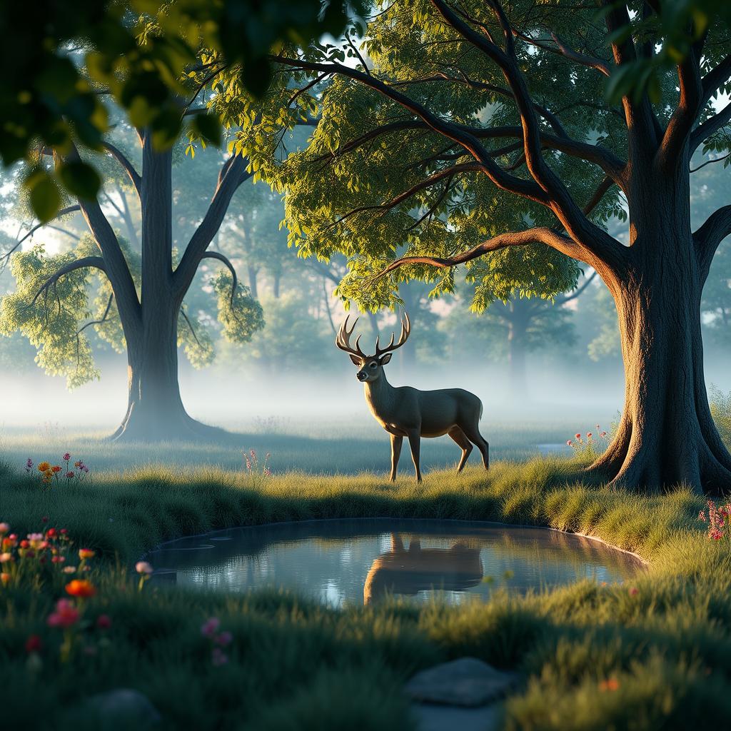 A 3D rendered scene of a serene forest at dusk, with lush green trees and a gentle mist rising from the ground