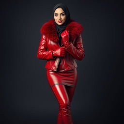A beautiful woman wearing a hijab and niqab, dressed in a snug, shiny red leather jacket with fur collar