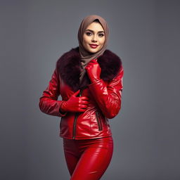 A beautiful woman wearing a hijab and niqab, dressed in a snug, shiny red leather jacket with fur collar
