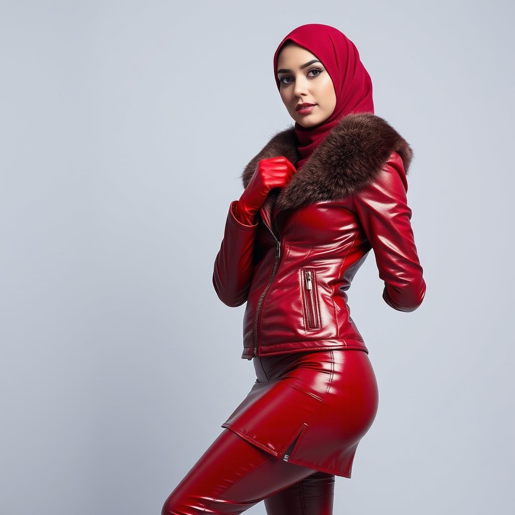 A beautiful woman wearing a hijab and niqab, dressed in a snug, shiny red leather jacket with fur collar