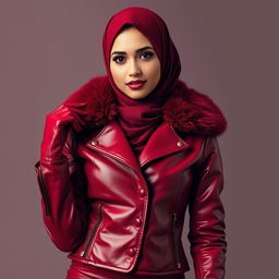 A beautiful woman wearing a hijab and niqab, dressed in a snug, shiny red leather jacket with fur collar