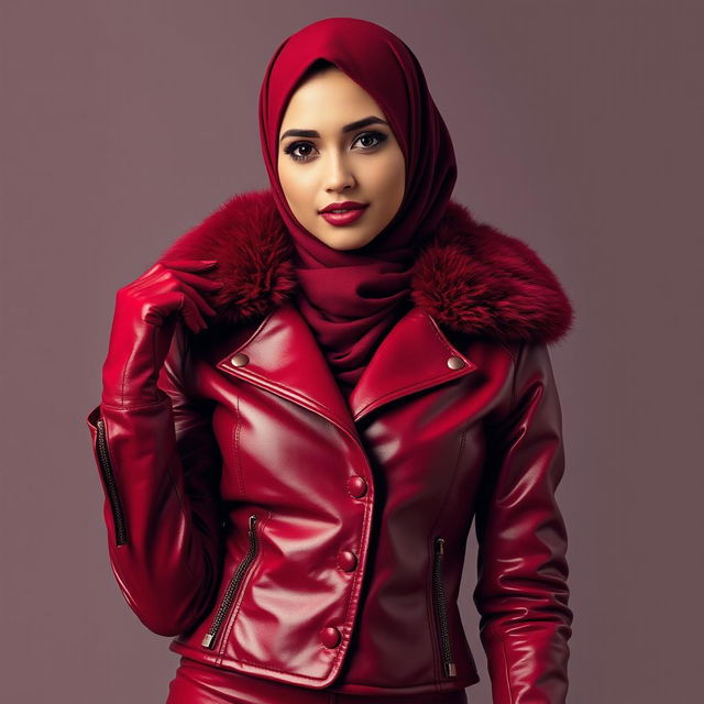 A beautiful woman wearing a hijab and niqab, dressed in a snug, shiny red leather jacket with fur collar