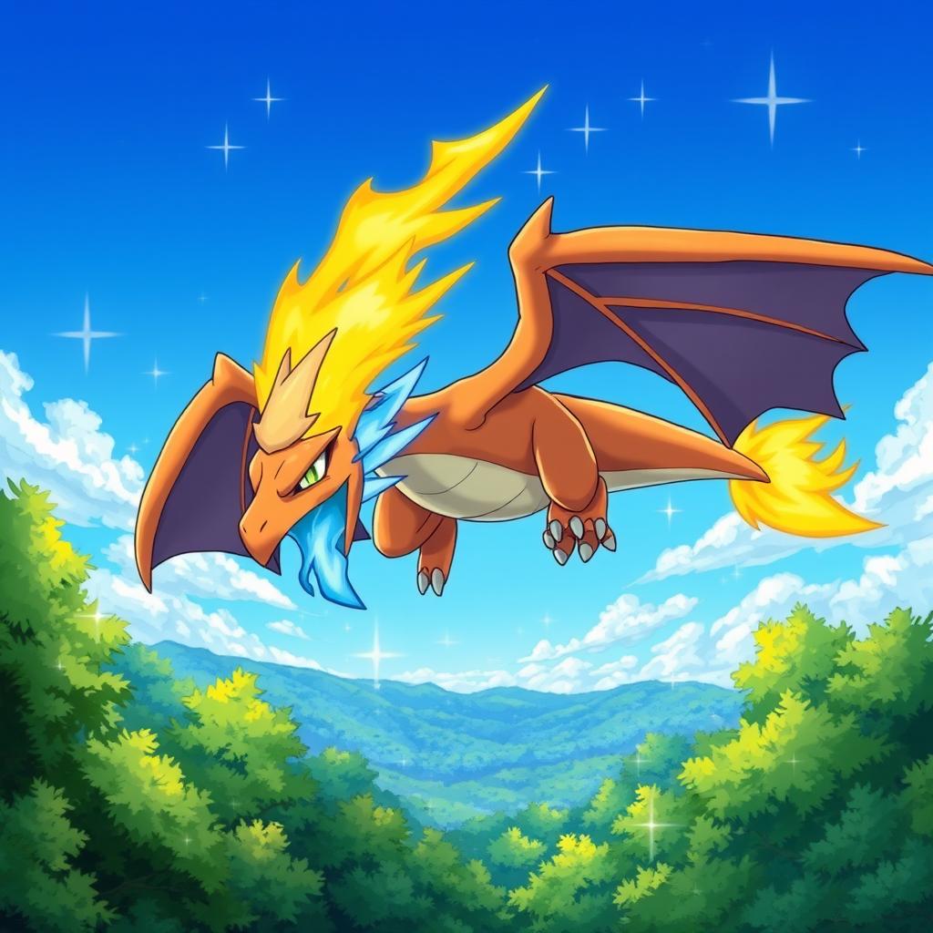 A dynamic and majestic illustration of Dracofeu (Charizard) in a vibrant landscape