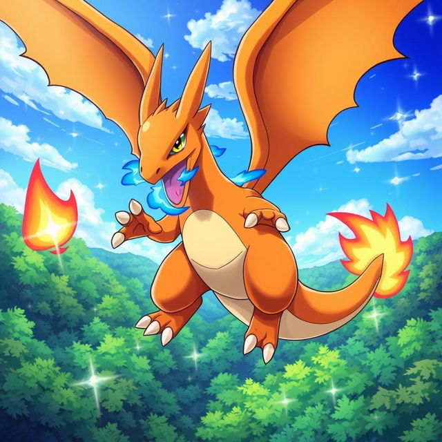 A dynamic and majestic illustration of Dracofeu (Charizard) in a vibrant landscape