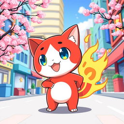 An adorable and lively illustration of Jibanyan from Yokai Watch
