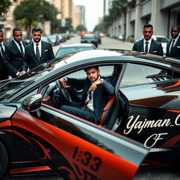 A 24-year-old man sitting confidently in a luxury car, surrounded by well-dressed bodyguards, exuding an aura of power and prestige