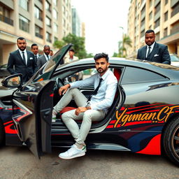 A 24-year-old man sitting confidently in a luxury car, surrounded by well-dressed bodyguards, exuding an aura of power and prestige