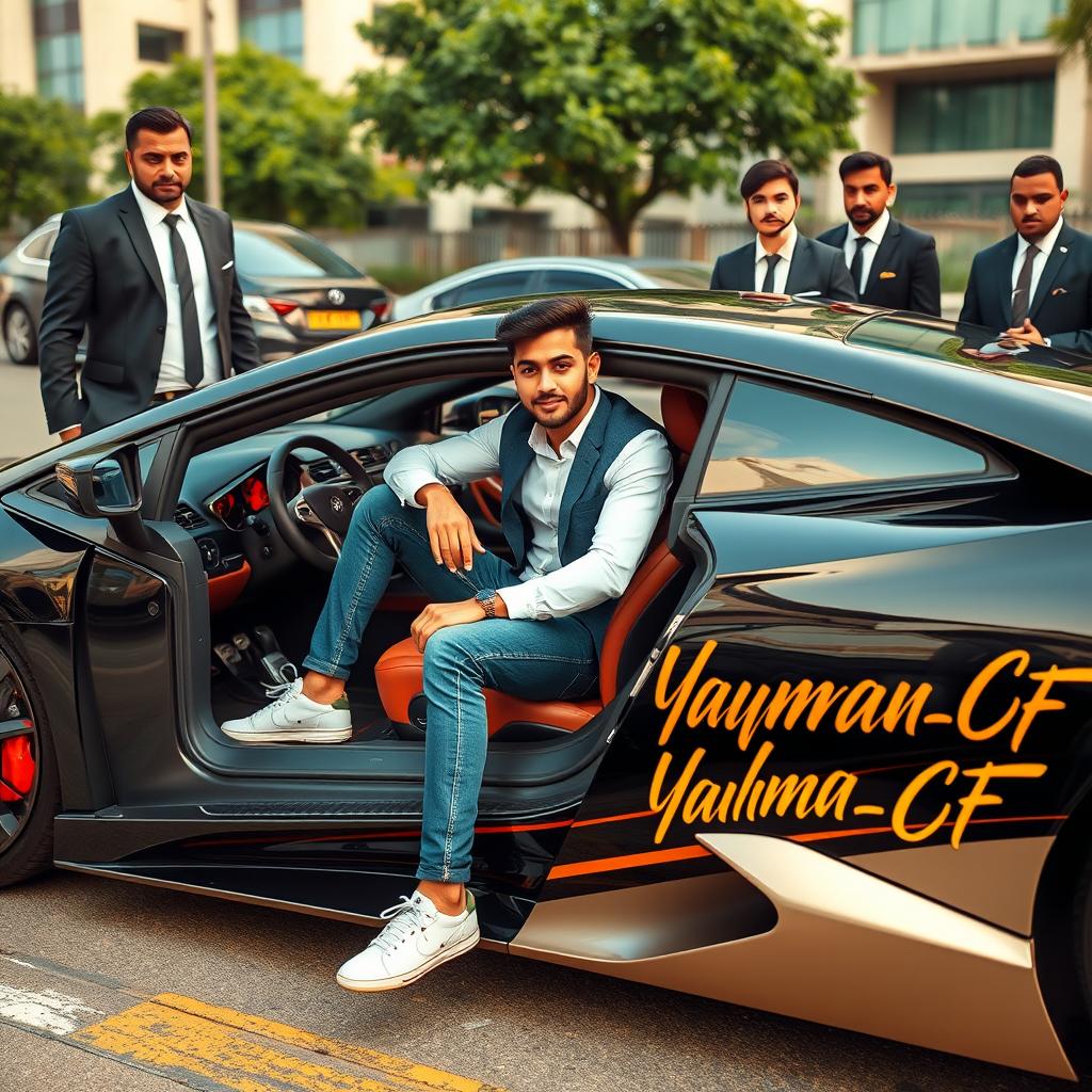A 24-year-old man sitting confidently in a luxury car, surrounded by well-dressed bodyguards, exuding an aura of power and prestige