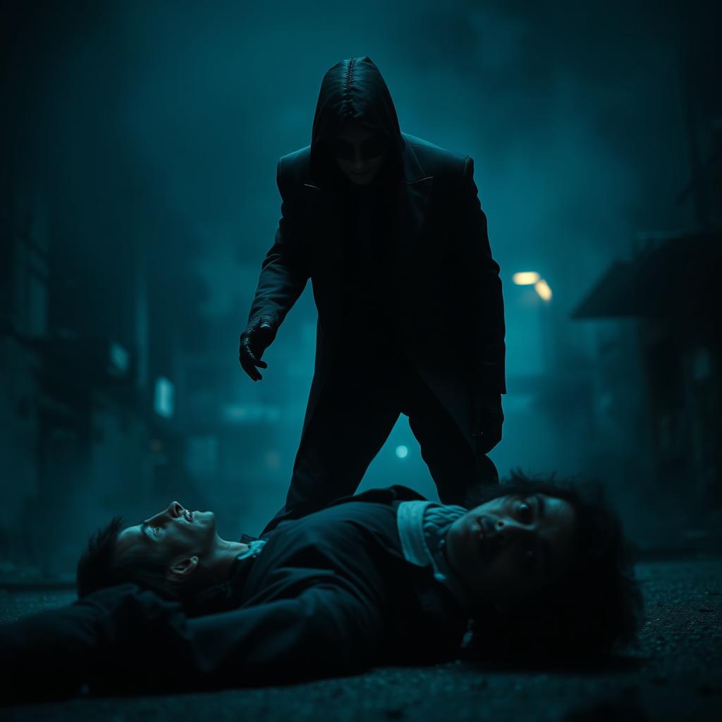 A cinematic scene depicting an intense and dramatic kill scene from a fictional movie titled 'Yami'