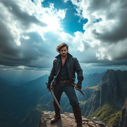 A brave man standing confidently on a rocky cliff edge, overlooking a vast mountain landscape