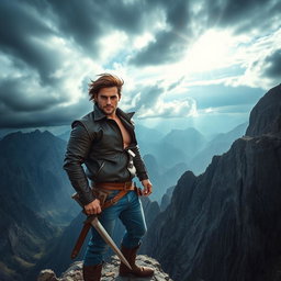 A brave man standing confidently on a rocky cliff edge, overlooking a vast mountain landscape