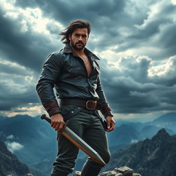 A brave man standing confidently on a rocky cliff edge, overlooking a vast mountain landscape