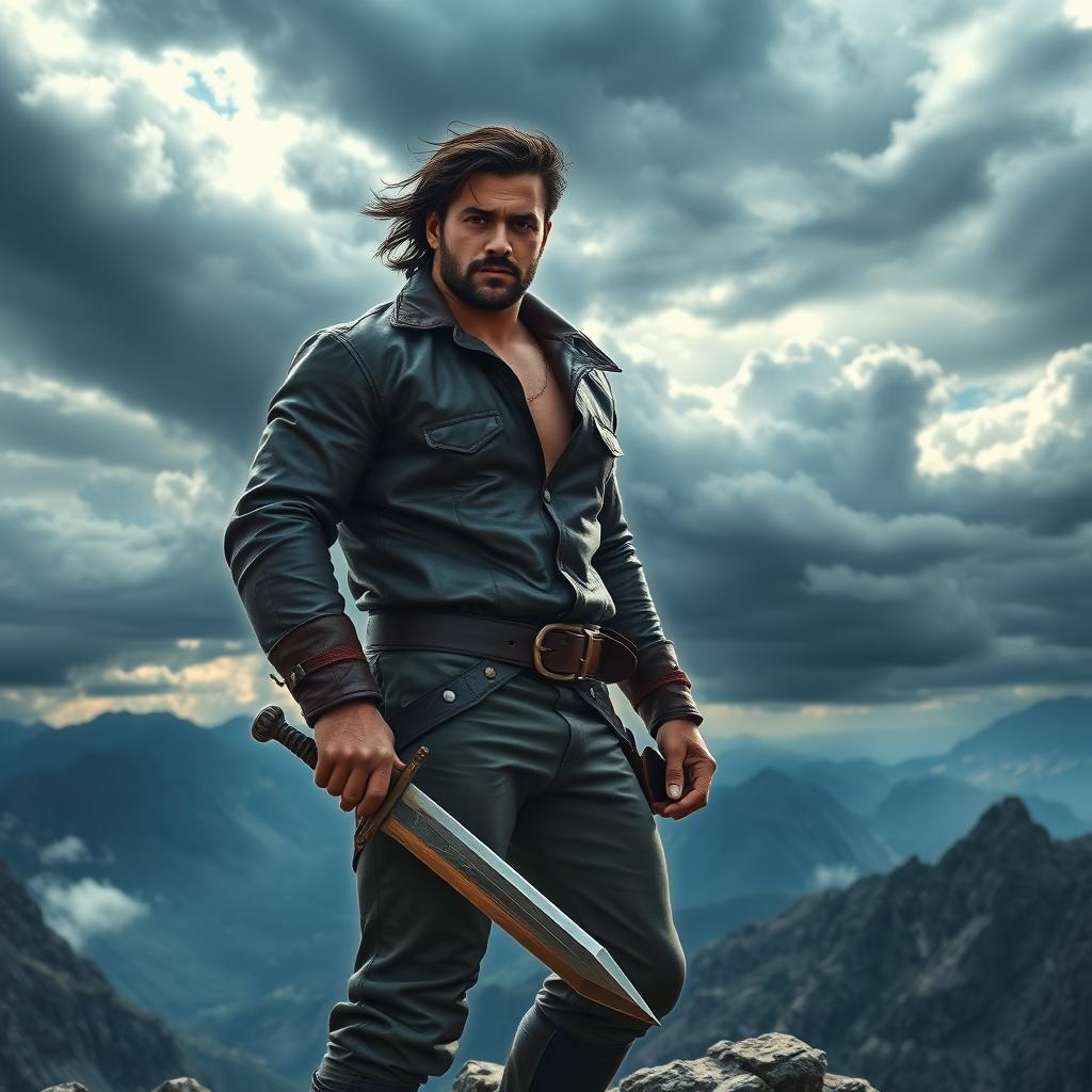 A brave man standing confidently on a rocky cliff edge, overlooking a vast mountain landscape