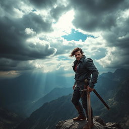 A brave man standing confidently on a rocky cliff edge, overlooking a vast mountain landscape