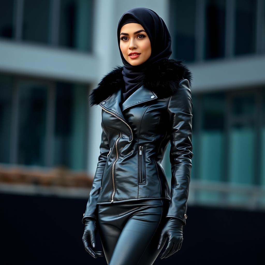A woman wearing a hijab and niqab, dressed in a tight-fitting, shiny, dark-colored leather jacket with a faux fur collar