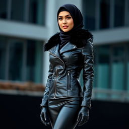 A woman wearing a hijab and niqab, dressed in a tight-fitting, shiny, dark-colored leather jacket with a faux fur collar