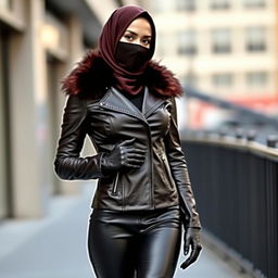 A woman wearing a hijab and niqab, dressed in a tight-fitting, shiny, dark-colored leather jacket with a faux fur collar