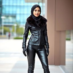 A woman wearing a hijab and niqab, dressed in a tight-fitting, shiny, dark-colored leather jacket with a faux fur collar