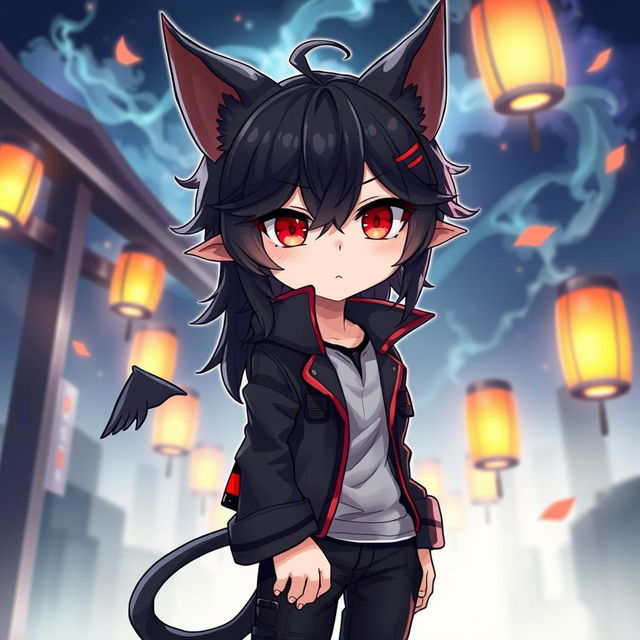 An intriguing illustration of a boy demon cat Necomata character, featuring striking elements such as black hair that cascades down elegantly, and fiery red eyes that hold a mysterious allure