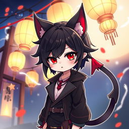 An intriguing illustration of a boy demon cat Necomata character, featuring striking elements such as black hair that cascades down elegantly, and fiery red eyes that hold a mysterious allure