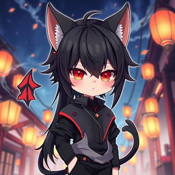 An intriguing illustration of a boy demon cat Necomata character, featuring striking elements such as black hair that cascades down elegantly, and fiery red eyes that hold a mysterious allure