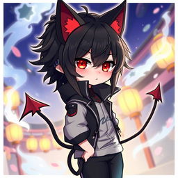 An intriguing illustration of a boy demon cat Necomata character, featuring striking elements such as black hair that cascades down elegantly, and fiery red eyes that hold a mysterious allure