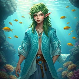An aquatic elf cleric with a flowing open vest that showcases intricate ocean-themed designs, featuring shades of turquoise and blue