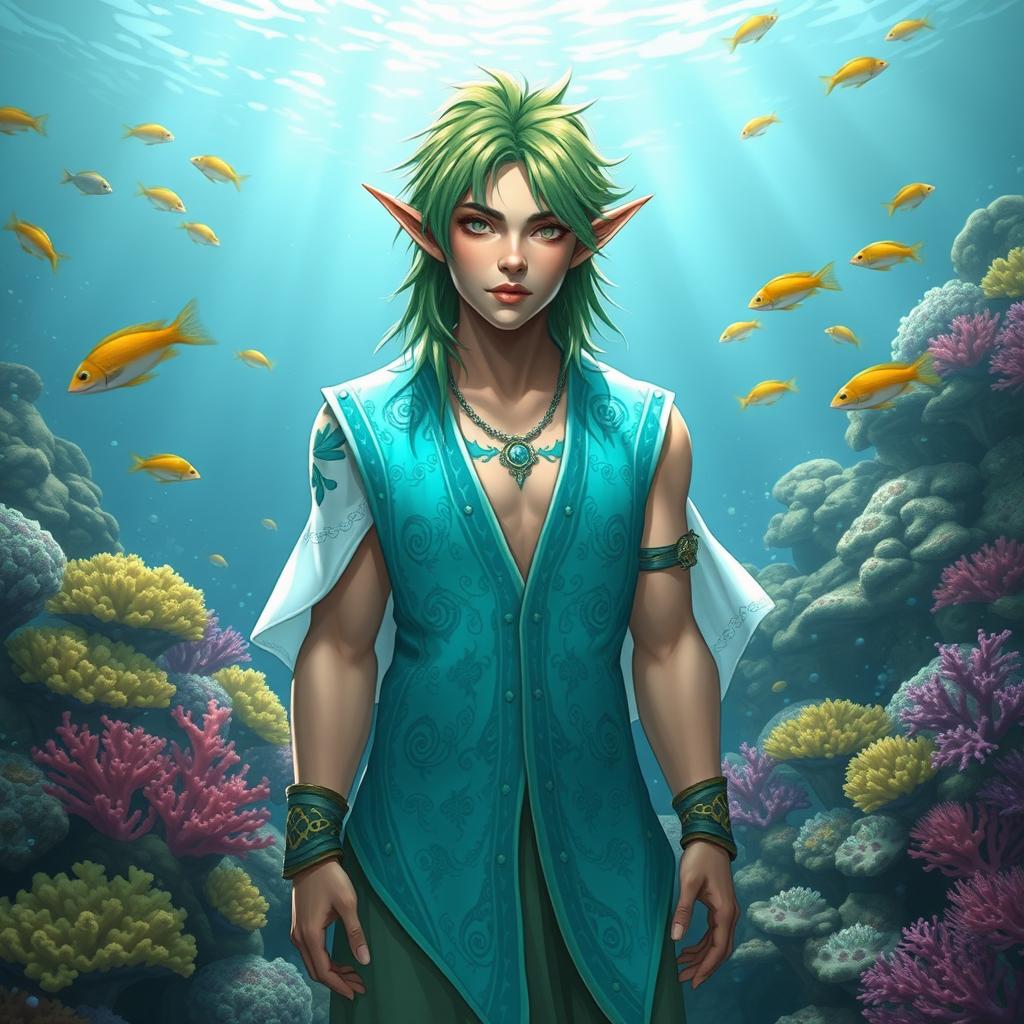 An aquatic elf cleric with a flowing open vest that showcases intricate ocean-themed designs, featuring shades of turquoise and blue