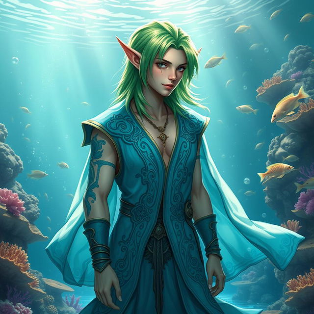 An aquatic elf cleric with a flowing open vest that showcases intricate ocean-themed designs, featuring shades of turquoise and blue