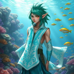 An aquatic elf cleric with a flowing open vest that showcases intricate ocean-themed designs, featuring shades of turquoise and blue