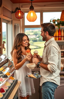 A romantic scene set in a quaint French gelato shop with colorful gelato displays and a charming atmosphere