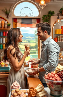 A romantic scene set in a quaint French gelato shop with colorful gelato displays and a charming atmosphere