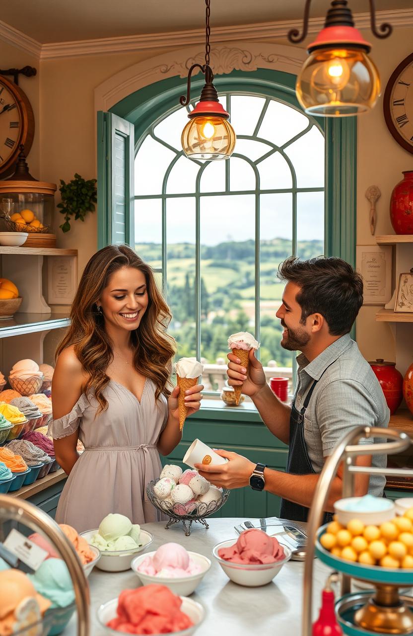 A romantic scene set in a quaint French gelato shop with colorful gelato displays and a charming atmosphere