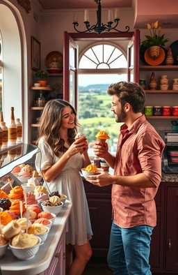 A romantic scene set in a quaint French gelato shop with colorful gelato displays and a charming atmosphere