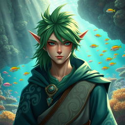 A male sea elf cleric with a striking green mullet hairstyle, featuring delicate fin-like ears that accentuate his aquatic heritage