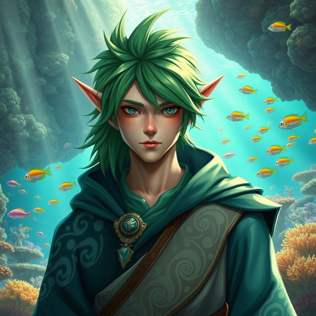 A male sea elf cleric with a striking green mullet hairstyle, featuring delicate fin-like ears that accentuate his aquatic heritage