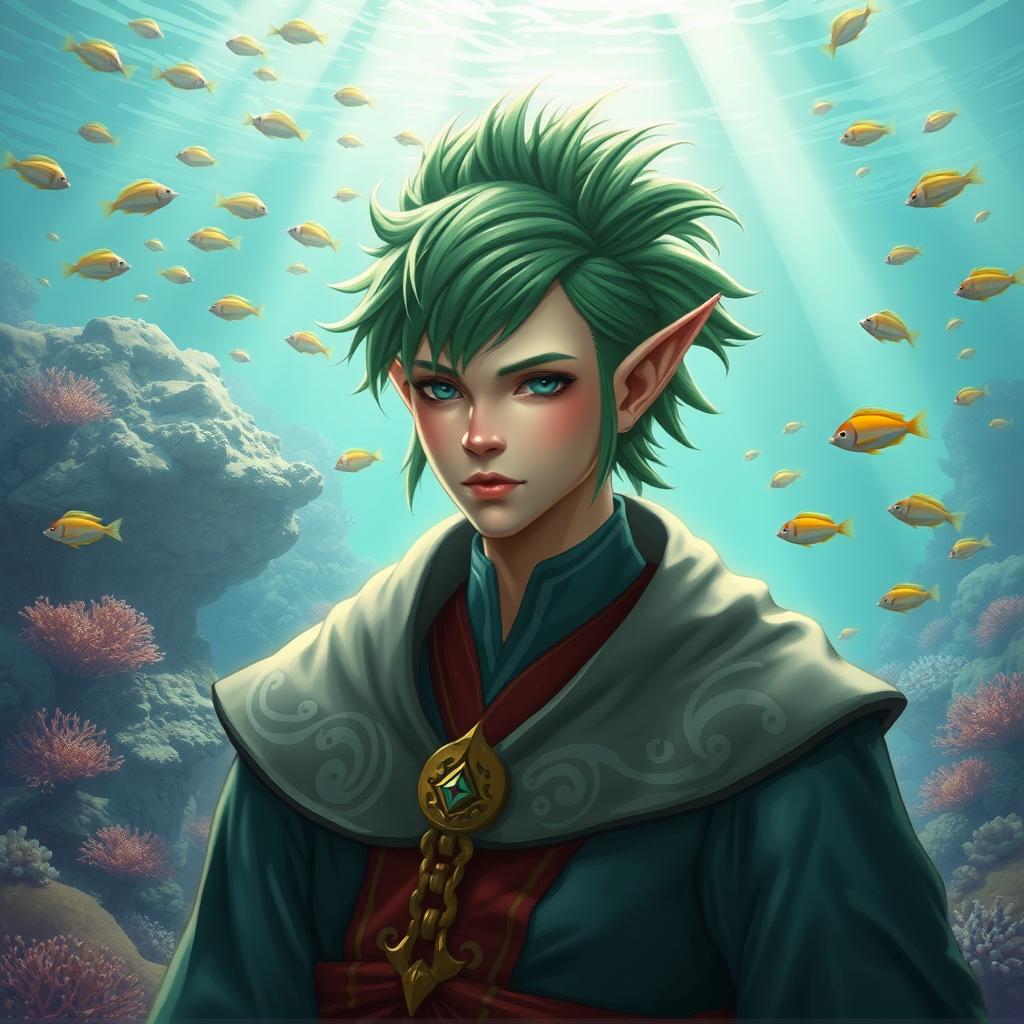 A male sea elf cleric with a striking green mullet hairstyle, featuring delicate fin-like ears that accentuate his aquatic heritage
