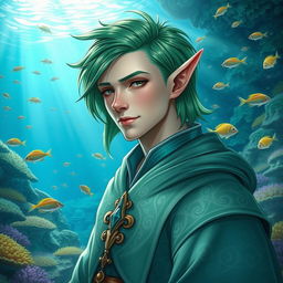 A male sea elf cleric with a striking green mullet hairstyle, featuring delicate fin-like ears that accentuate his aquatic heritage