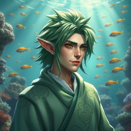A male sea elf cleric with a striking green mullet hairstyle, featuring delicate fin-like ears that accentuate his aquatic heritage