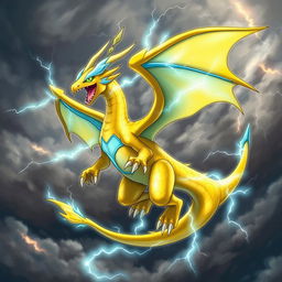An imaginative and striking illustration of a fictional Electric/Dragon type Pokémon